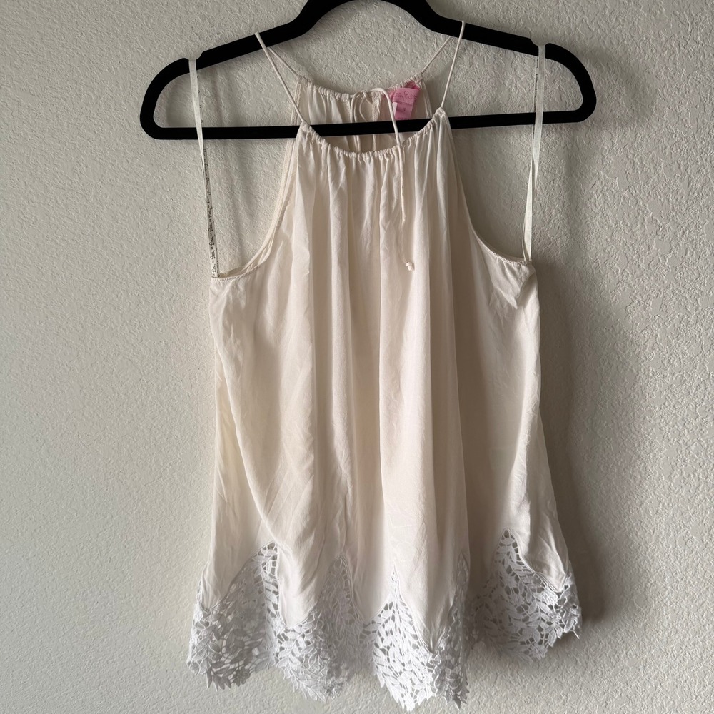 Lilly Pulitzer Silk Halter Tank Top Cream White Lace Crochet Hem Scallop Small